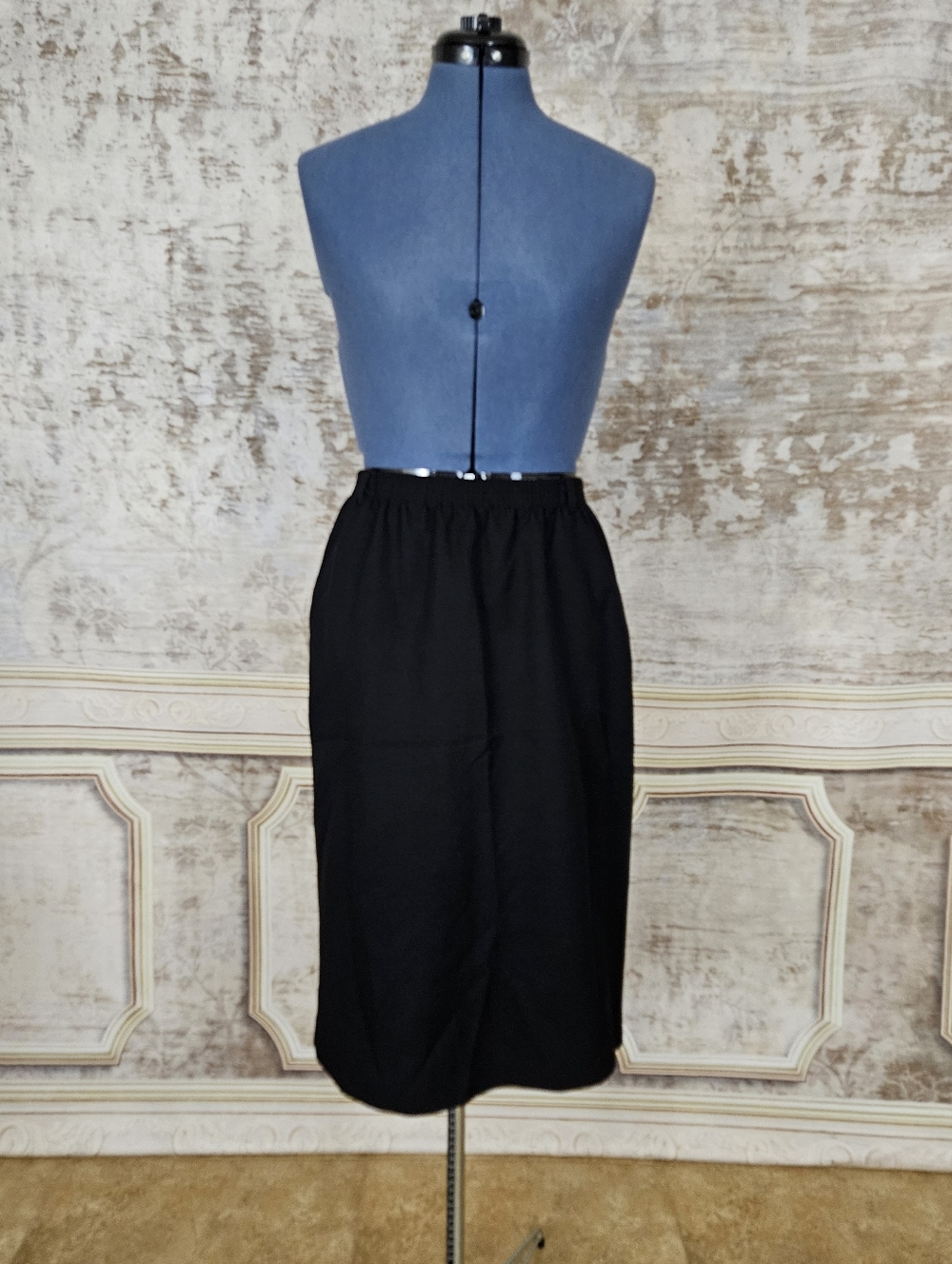 Vintage Black Pencil Skirt S M 90s Office Secretary Elastic Waist Pockets 9-5